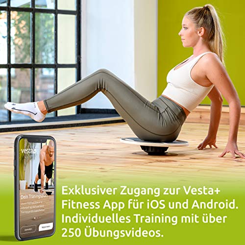 Vesta-Balanceboard-Set-mit-APP-ueber-260-Uebungen-Balanceboard-mit-Griffen-Widerstandsbaender-Slider-Training-von-Koordination-und-Kraft-Stabilitaetstrainer-Fitnessgeraete-Eichenholz