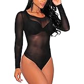 SEBOWEL Women Long Sleeves Mesh See Through Jumpsuit Bodysuit Top Leotard