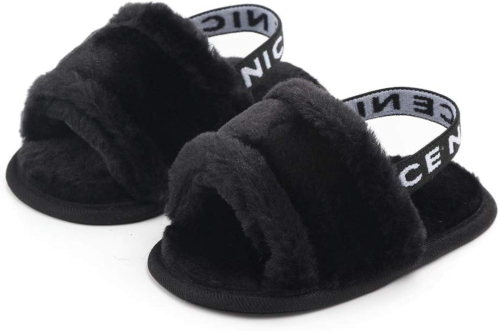  | Meckior Infant Baby Girls Sandals Faux Fur Slides with Elastic Back Strap Flats Slippers Princess Dress First Walker Moccasins Shoes | Sandals