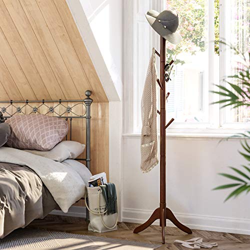 VASAGLE Coat Rack Freestanding, Wooden Coat Stand, Solid Coat Tree with 8 Hooks for Coats, Hats