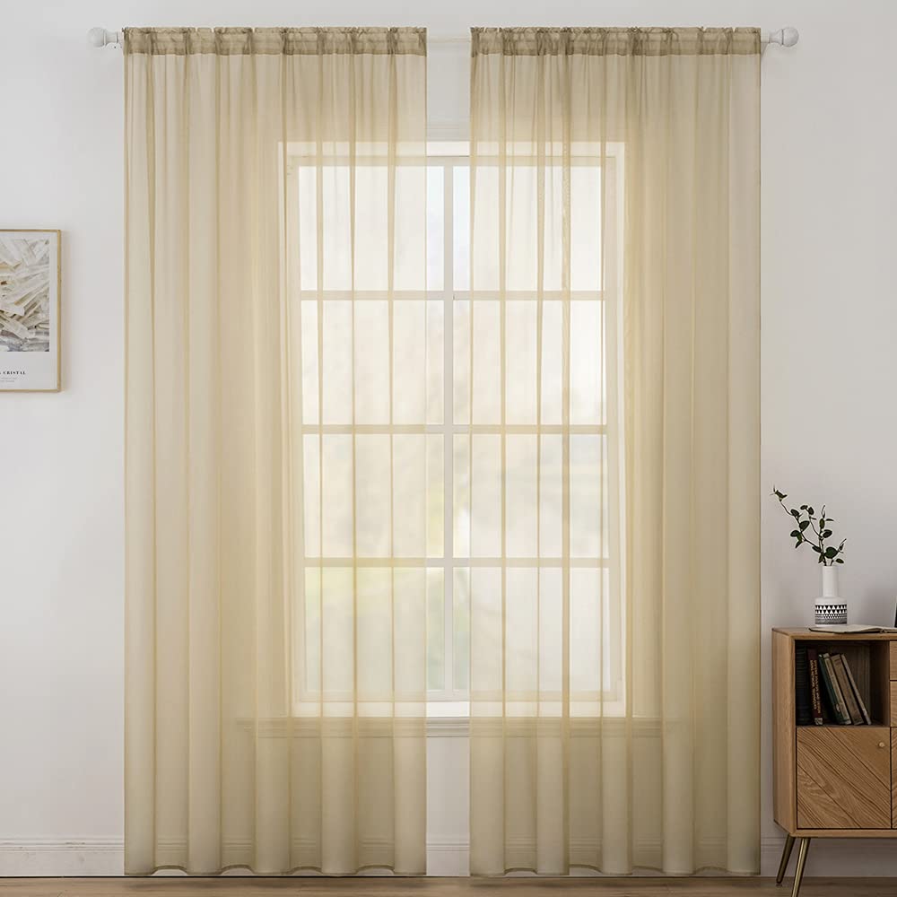 MIULEE 2 Panels Solid Color Sheer Window Curtains Smooth Elegant Window Voile Panels/Drapes/Treatment for Bedroom Living Room Light Brown 55" Wx85 L, Rod Pocket
