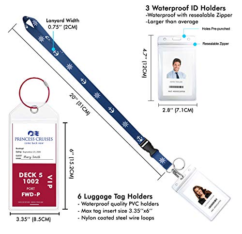 Cruise Luggage Tag Holders & Lanyards with Waterproof ID Key Card Holder. Essential Cruise Ship Accessories Set. 3 Lanyards + 3 ID Holders + 6 Etag Holders. Nautical Collection A
