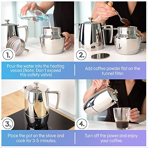 VeoHome Mokka Pot Espressokocher 10 Tassen 500 ml - Edelstahl italienische Mokka kanne Induktionsherd, Gas, Keramik… – Bild 6