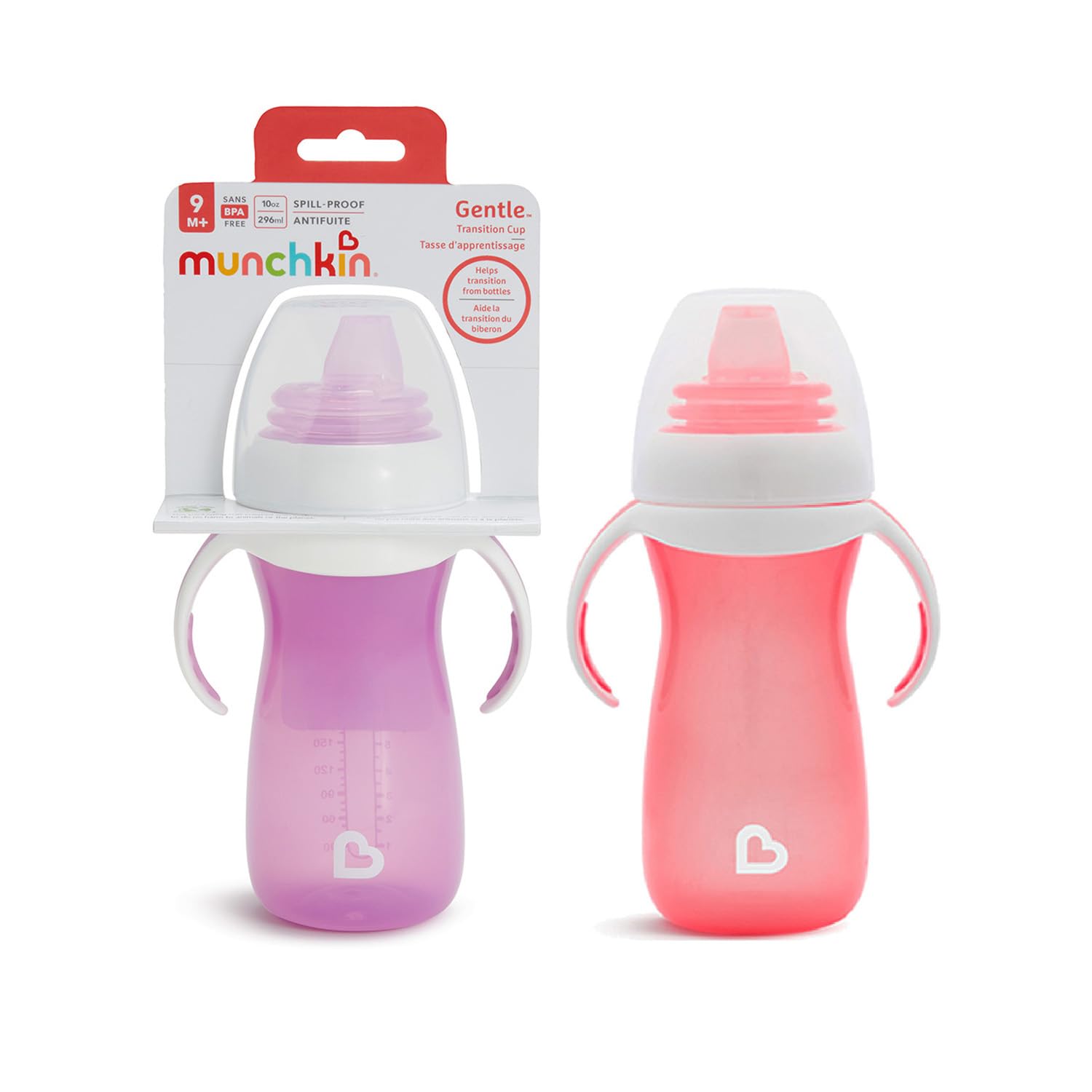 Munchkin Gentle Transition Baby Bottles | Babies and Toddler Bottle with Handles and Lids| Kids Water Bottle with Spout |Non Spill | Baby Led Weaning | for 9+ Months| 2 pack | 10oz/296ml | Pink/Purple