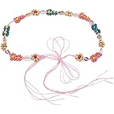 Boho Flower Waist Chain Body Chains Pink Woven Rope Belt with Tassel Colorful Daisy Floral Beads Shell Adjustable Belly Belt Body Chain Jewelry for Women