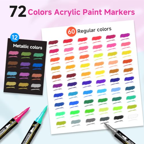 AHIKY 72 Colours Acrylic Markers, Double Ended Acrylic Markers with Fine Tip and Brush, Acrylic Paint Marker Permanent for Stones, Wood, Easter Eggs, Glass, Ceramic, Fabric