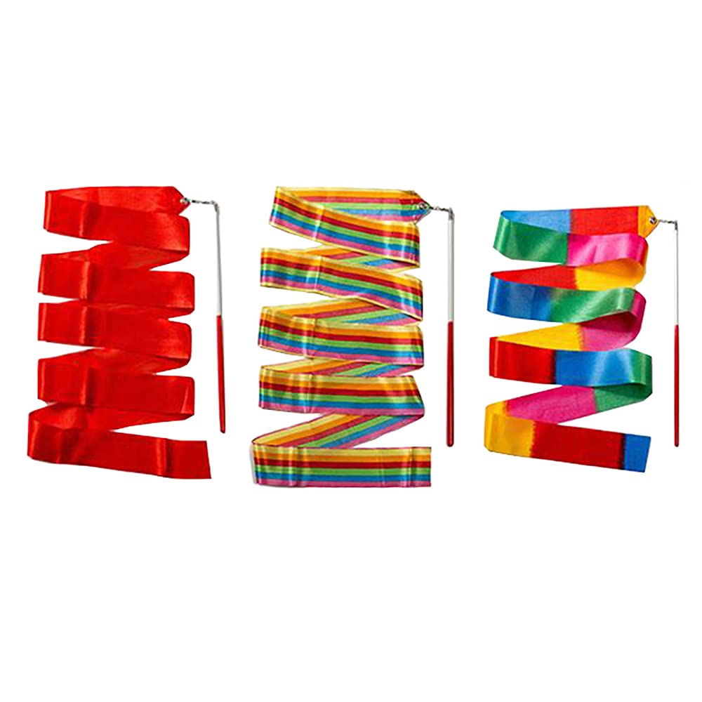 Hsthe Sea 3 Pcs Dance Ribbons,Rhythmic Gymnastic Ribbon,Rainbow Streamers for Kids Dancing Streamers Rhythmic with Twirling Rod Streamer Baton Art (Red + stitching + colorful)