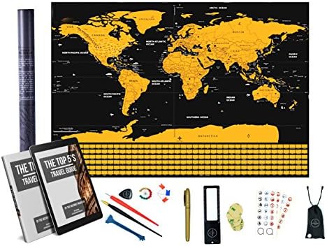 Scratch Off World Map in Gold With Flags - 32 x 23 Inches - FREE Accessory Pack &amp; eBook Travel Guide - Great Gift Idea for Travelers - By Crater Lake Outdoors
