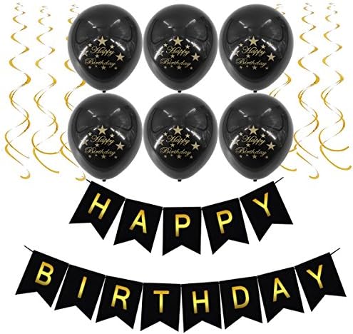 Black Happy Birthday Banner, Latex Balloons and Gold Hanging Swirl for 1st - 21st - 30th - 40th - 50th - 60th - 70th - 80th Birthday Party Supplies Decorations for Kids and Adults