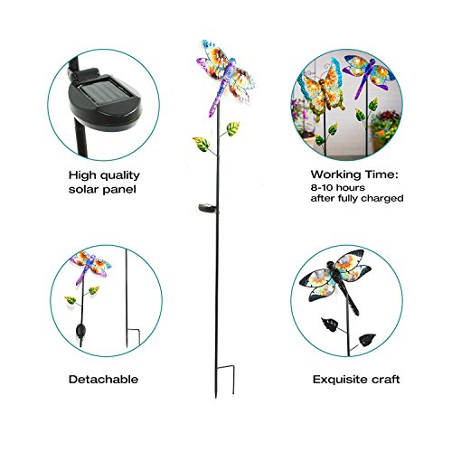 Solar Garden Stake Outdoor Figurine LED Light Cute Metal Stick Art Ornament Decor for Lawn Yard Patio by CEDAR HOME, 11"W x 2"D x 52"H, Dragonfly - Thumbnail 2