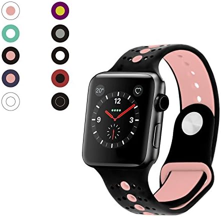 Rockvee Sport Apple Watch Band 38mm 42mm Women Men, Soft Silicone Apple Watch Band Strap Replacement Iwatch Band for Apple Watch Nike+, Series 3, Series 2, Series 1 (C# Black+Pink, 38mm)