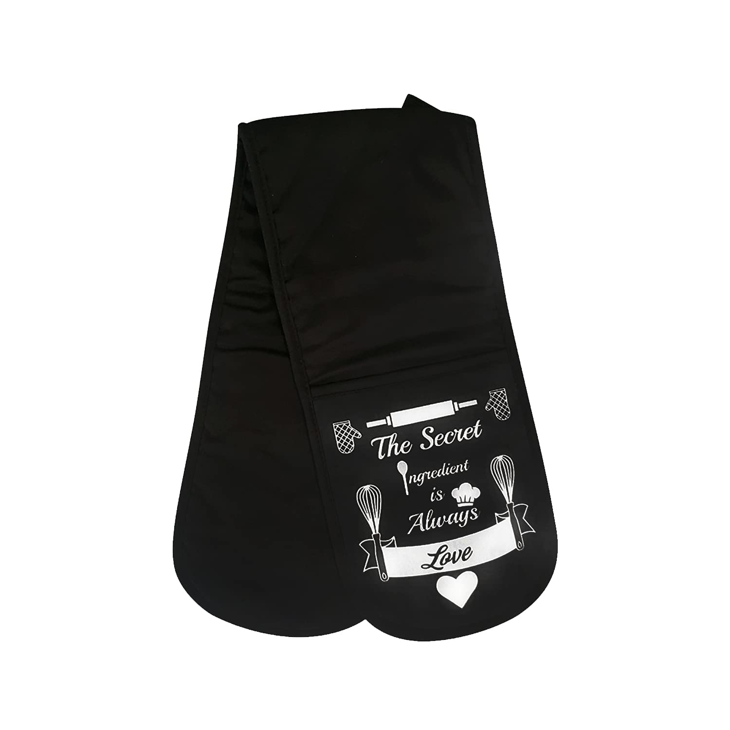 The Secret Ingredient Black Double Oven Glove - 100% Cotton with Thick Heat-Resistant Lining for Protection from Hot Pots, Pans and Dishes. Soft, Stylish & Durable