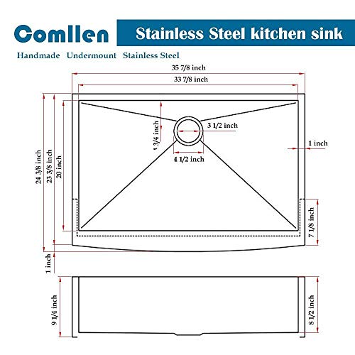 Comllen 36 Inch Handmade Apron Single Bowls 16 Gauge Stainless Steel Undermount Farmhouse Sink