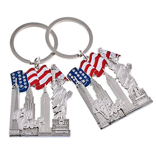 2X NEW YORK LANDMARKS WAVING US FLAG METAL KEYCHAINS NYC SOUVENIR GIFT-SET OF 2