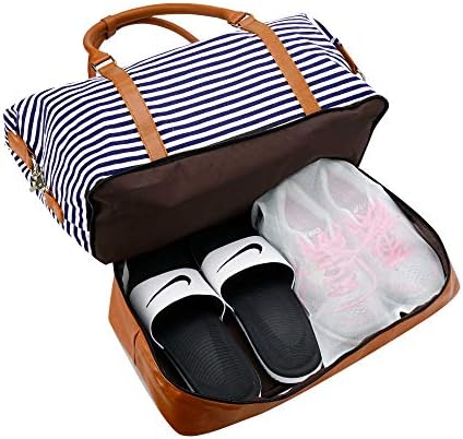 Weekender Bag Carry on Overnight Duffel for Women, Carrying Weedkend Travel Bags for Ladies, Large Canvas& PU Leather with Shoe Compartment Duffel (Blue Strips) 4 Weekender Bag Carry on Overnight Duffel for Women, Carrying Weedkend Travel Bags for Ladies, Large Canvas& PU Leather with Shoe Compartment Duffel (Blue Strips)