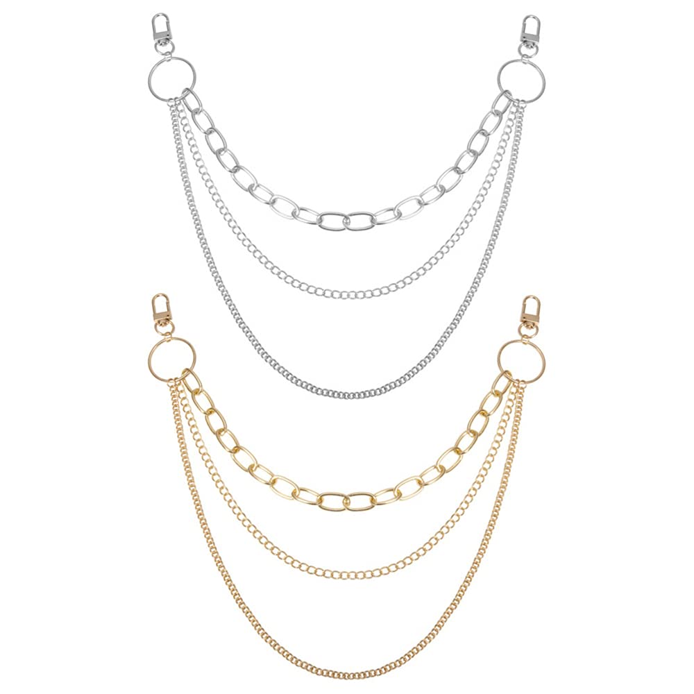 Xihuimay 2pcs Pants Jeans Gothic Punk Rock Chain Pocket Belt Chains Multi-layer Wallet Chain Trousers Skirt Waist Chain Keychain for Key Belt Loop Purse Handbag for Women Men, Gold Silver