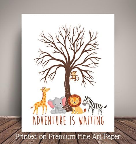 Jungle Safari Animals Black Thumbprint Tree Nursery Art -Serves as "Guest Book" for Baby Shower - Printed on Premium Quality Fine Art Paper JA-BLT Adventure is Waiting