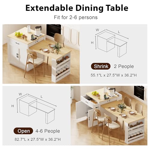 Merax 82.7" Kitchen Island with Extendable Dining Table for 4-6, with Storage, Charging Station, 2 Drawers & 2 Side Open Shelves for Dining Room House Bar, White Oak