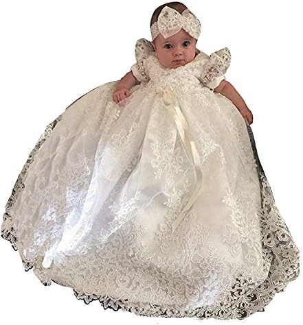 Baby Girls Christening Gowns Baptism Delicate Embroideried Dress with Headband for 0-15 Months