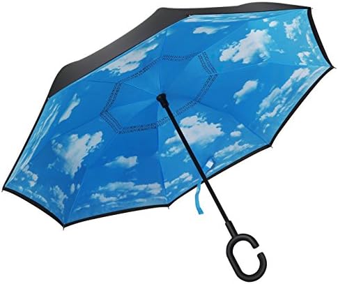 Xiujanet Double Layer Inverted Umbrella(Creative Gift),Windproof Large Straight Umbrella With C-Shaped Handle and Carrying Bag (Blue sky)
