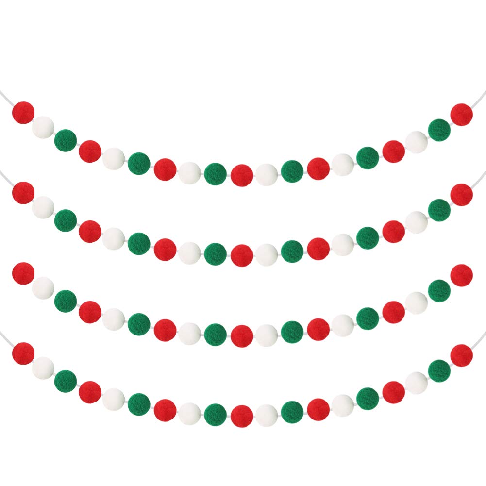 Christmas Pompom Garland,4 Pack Red Green White Xmas Felt Ball Garland for Home Decor,2m DIY Felt Wool Balls for Xmas Tree Wall Party Photo Prop Decor