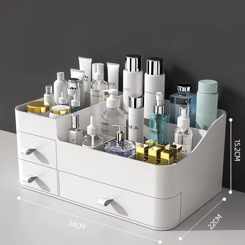 Queta Makeup Organizer Large Makeup Organizer with 3 Drawers, Makeup Box Suitable for Jewelry, Brushes, Lipstick and Creams with 8 Compartments Capacity