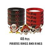Cleverplay Pirate Party Favors Supplies with 24 Pack Caribbean Pirates Silicone Wristbands Bracelets and 24 Pack Pirate Toy Rings Great for Kids Birthday Parties and Pirate Events
