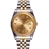 Men's Luxury Stainless Steel Band Mineral Mirror Calendar Luminous Quartz Waterproof Gold Watch (gold-red)