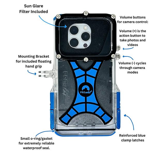 ProShot Dive 2.0 - Underwater housing for iPhone Rated to 130 feet. Underwater Camera housing Compatible with All iPhones. Waterproof case for Diving and Snorkeling. (Black/Blue)