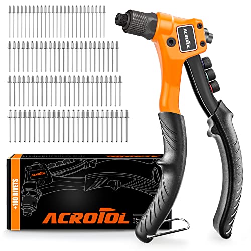 ACROTOL Pop Rivet Gun, Manual Hand Riveter Kit with 4 Manual Interchangeable Rivet Heads and 100