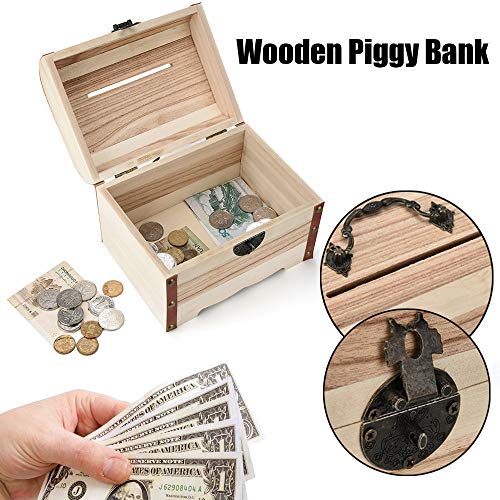Lucoo Coin Bank ,Wooden Piggy Bank Safe Money Box Savings with Lock Wood Carving Handmade - Thumbnail 2
