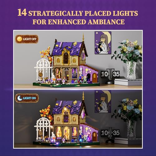 LUMIBRICKS Luna Cottage Lighting Building Set, 2846 PCS Retro House Model with Soothing Music and LED Lights, Witchy Cottage Collectible Display for Adults