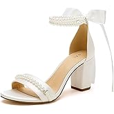 PALSCOU Block Heel Wedding Sandals Pearl Wedding Shoes for Bride Open Toe Bridal Shoes Chunky Heel Sandals