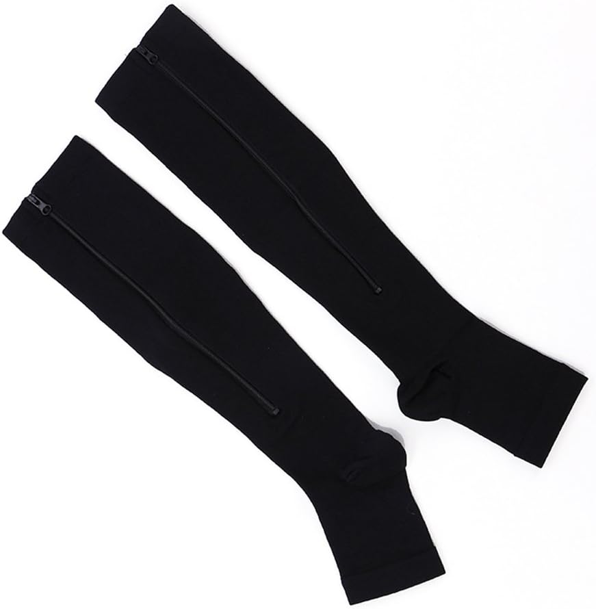 Zipper Compression Socks for Men Women with Toe Open Design Zipper Leg Support Knee-High Stockings (Black XXL)