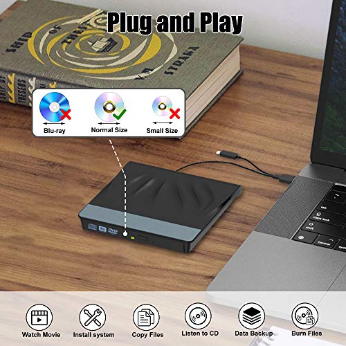 VersionTECH. External CD DVD Drive USB 3.0 Type-C Portable Superdrive Burner Player Writer CD DVD +/- RW, Compatible with Windows 10 8 7 XP Vista Mac OS System for Mac Pro Air iMac Laptop
