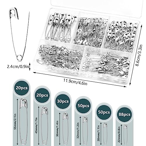 RstEDame Safety Pins, 250pcs High Strength Steel Assorted Sizes Hijab Brooches Pins Durable Rust-Resistant Clothing Pins for Home Office Clothes Label Sewing Jewelry Making, 6 Sizes, Silver