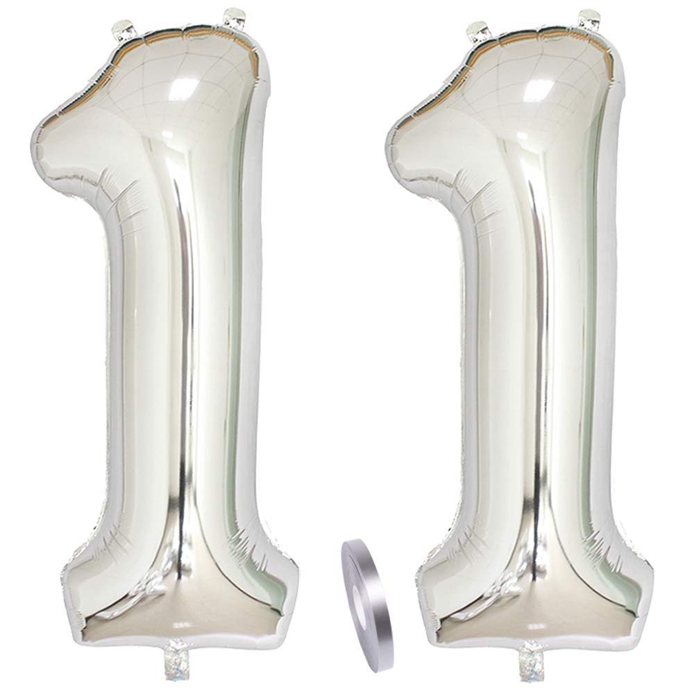 2 Balloons Number 11, Number Balloon Silver Girl Boy Boy 40 Inch Giant Inflatable Helium Foil Balloon Silver Balloons Figures for Birthday 11th Years Children Boys Party Decoration (XXXL 100 cm)