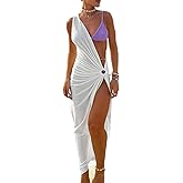 LuFeng Women's Sexy Summer One Shoulder Sleeveless O-Ring Hollow Out Ruched High Slit Irregular Hem Y2K Midi Dress