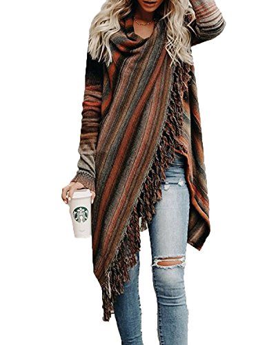 Sweetnight Women's Casual Tassel Cardigan Cowl Neck Knited Tassels Slash Sweaters Asymmetric Hem Wrap Poncho Coat Outwear (Tag S=US 2-4, Brown)