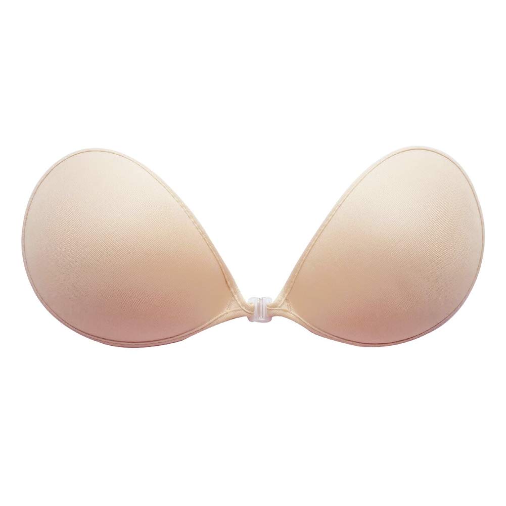 Self Adhesive Strapless Push Up Plunge Bra Invisible Backless Bra with Buckle (Cup C, Beige)