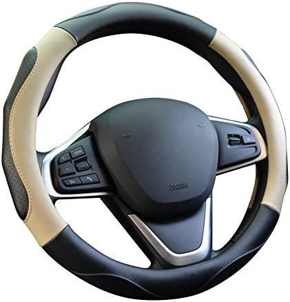 GSPSCN Car Steering Wheel Cover 15 inch Microfiber Leather Durability Safety Comfort with Sports Massage Pad (Black and Beige)