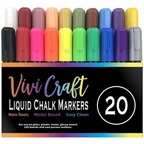 Vivi Craft Liquid Chalk Markers, Set of 20, Bullet and Chisel Tips, Includes Black, White, Silver, Gold and Rose Metalics, 4 Bold, 5 Neon, 6 Earth Colors, For Chalkboard, Bistro Boards, Metal, Windows