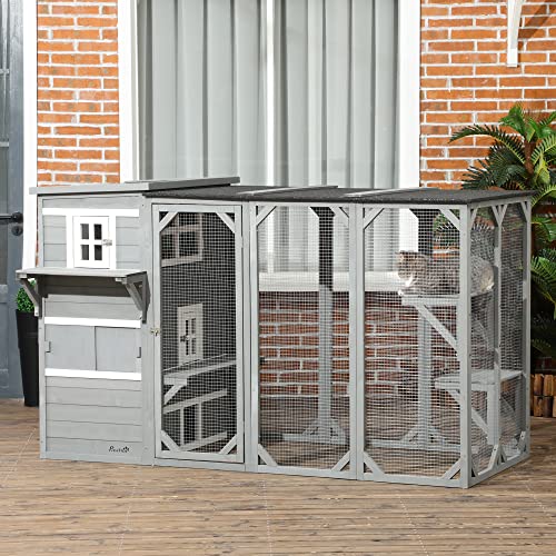 PawHut Wooden Cat Catio, 76" L Walk in Outdoor Cat House with Asphalt Roof, Platforms, Lockable Doors, 3-Tier Resting Condo, Observation Window, for 2-3 Cats, Light Grey