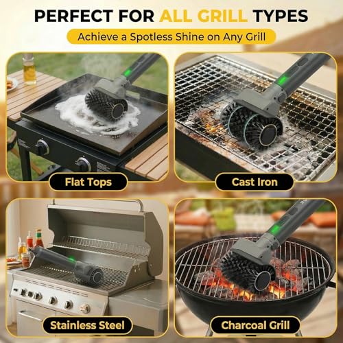 Electric Grill Brush, Cordless Rechargeable Grill Cleaner, 58W BBQ Cleaning Brush with 5200mAh Battery, 150-Min Runtime, 3 Speeds, Angle Adjustable, IPX7 Waterproof, Anti-Shedding for Outdoor Barbecue
