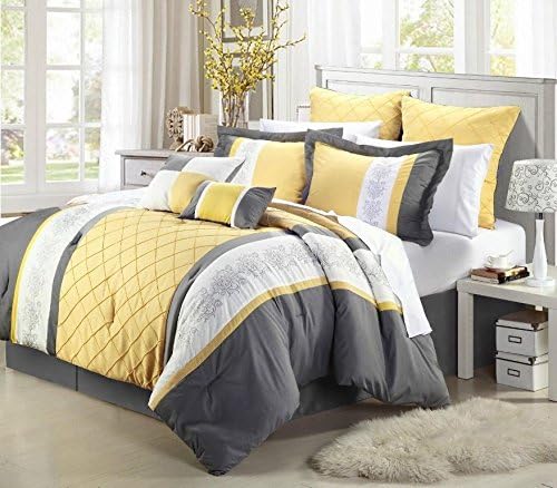 8 Piece Oversize Gray Yellow White Embroidery Comforter Set King Size