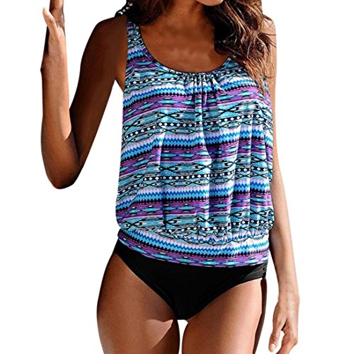 Mandystore Women Bandeau Bikini Top Plus Size Printed Tankini Swimwear Swimsuit Bathing Suit for Women (L, Blue)