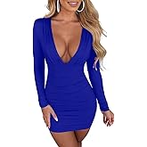 LAGSHIAN Women's Sexy Bodycon Long Sleeve V Neck Ruched Mini Club Dress