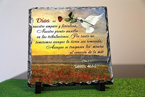 Religious Home Décor Dios Es Nuestro Amparo Y Fortaleza, Nuestro Pronto Auxilio En Las Tribulaciones. Por Tanto No Temeremos Aunque La Tierra Sea Removida; Aunque Se Traspasen Los Montes Al Corazón De La Mar Salmos 46:1-2 La Biblia Reina Valera Stone Plaques 7.5” X 7.5” - Perfect Christian Gift