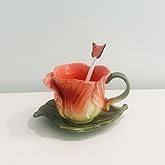 Minigift Ceramic Tea Cup and Saucer Set ，6OZ 3D Hand-Painted Flower Coffee Mug，Gift for Women -Orange Tulip
