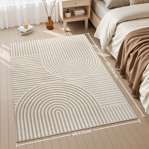 Boho Area Rug for Entryway 4x6 Entrance Rug Machine Washable Rugs for Living Room Non Slip Soft Carpet Geometric Jacquard Textured Carpet for Bedroom Dining Room Nursery Office Living Room Rug -Beige